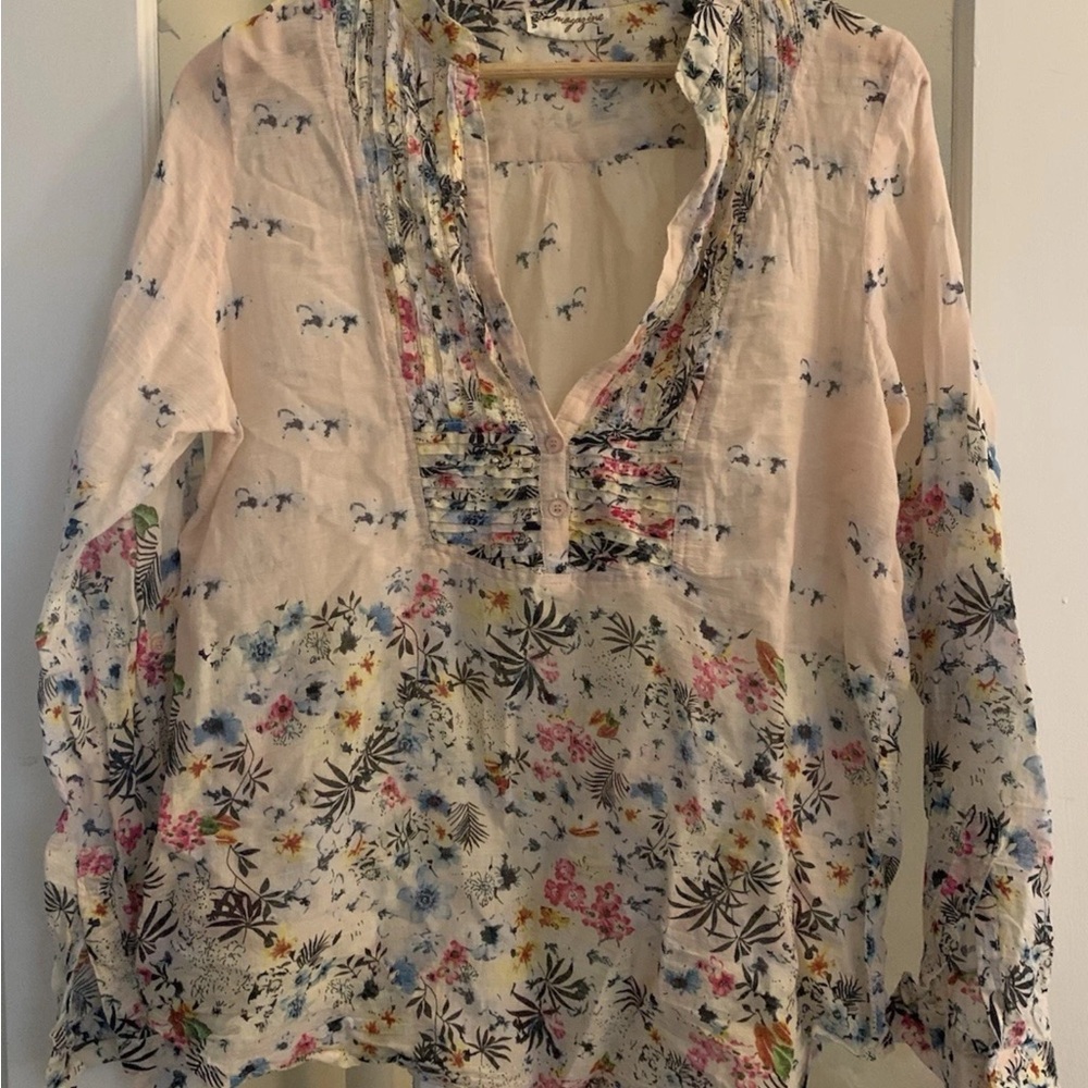 Elegant Floral Women's Blouse in Cream Sheer Henley style Bib front